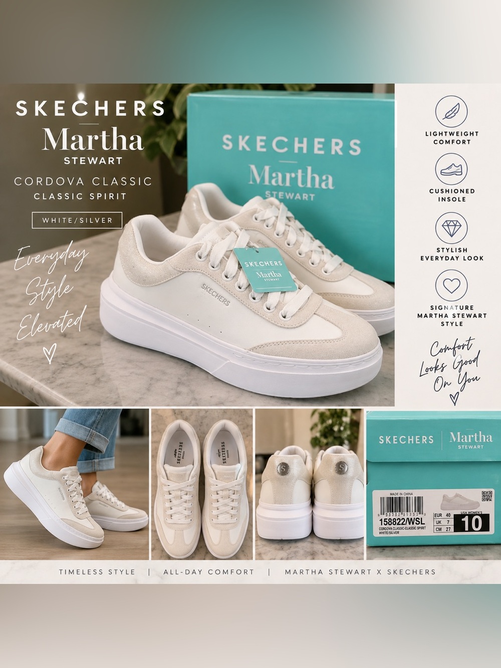 Skechers x Martha Stewart Cordova Classic Spirit Sneakers White Silver Women’s 1